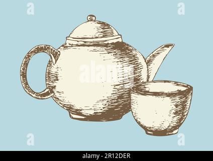 Sketch illustration of a teapot and cup in vintage color Stock Vector