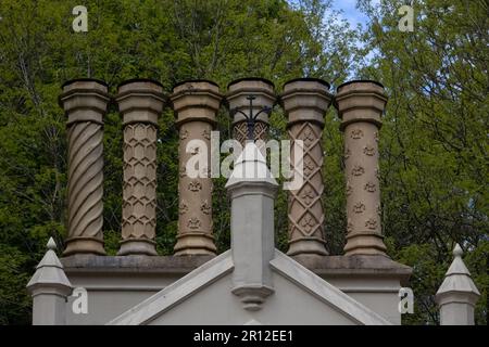 HIGHGATE, LONDON, UK - MAY 10, 2023:  Ornate chimney stack on the The Swain Lane Park Lodge beside Waterlow Park Stock Photo