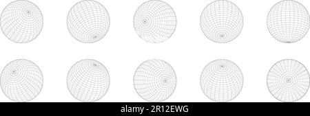 Set of 3D sphere wireframe icons in different positions. Orb models, spherical shapes, grid balls. Earth globe figures with longitude and latitude Stock Vector
