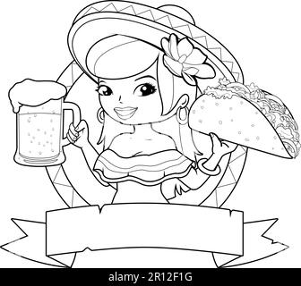 Mexican woman serving a cold beer and a taco. Vector black and white coloring page Stock Vector