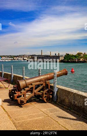 Looking across the River Tamar towards Royal William Yard in Plymouth from the Garden Battery at Mount Edgcumbe Country Park, Cornwall, England, UK Stock Photo