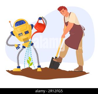 AI Robot helping man farmer in planting process vector illustration Stock Vector