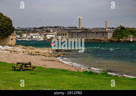 Looking across the River Tamar towards Plymouth and Royal William Yard from the Mount Edgcumbe Country Park, Cornwall, England, UK Stock Photo