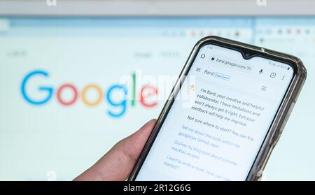 Seoul, South Korea -May 11, 2023 : A man looking for information using artificial intelligence Google Bard Stock Photo