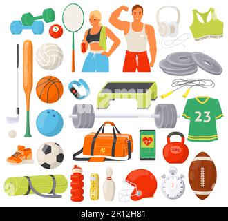 Sport equipment big set of isolated fitness and gaming items Stock Vector
