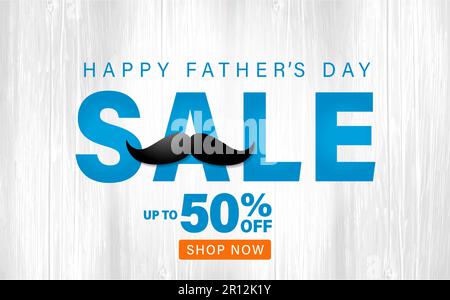 Fathers Day Sale promotion text design with a moustache on wooden boards. Special offer Father's Day for discount banner or poster concept Stock Vector