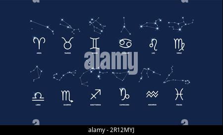 Set of 12 zodiac signs with constellations, beautiful modern astrology banner with blue background, astronomy and esoteric, horoscope vintage vector i Stock Vector