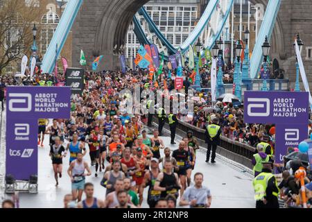 London Marathon runners run past Tower Bridge this morning.   Image shot on 23rd Apr 2023.  © Belinda Jiao   jiao.bilin@gmail.com 07598931257 https:// Stock Photo