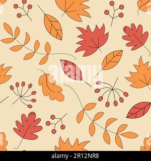 Vector seamless pattern with cute cartoon flat different autumn leaves for Thanksgiving day design on orange background. Stock Vector