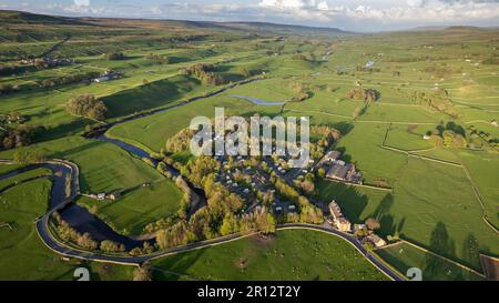 Aerial view of a caravan park on a spring evening in Wensleydale, Yorkshire Dales National Park, UK. Stock Photo