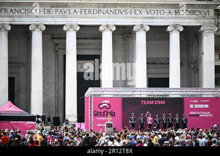 Napoli, Italy. 11th May, 2023. Team DSM riders pictured at the start of stage six of the 2023 Giro D'Italia cycling race, from and to Napoli (162 km), in Italy, Thursday 11 May 2023. The 2023 Giro takes place from 06 to 28 May 2023. BELGA PHOTO JASPER JACOBS Credit: Belga News Agency/Alamy Live News Stock Photo