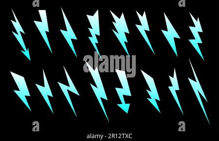 Set of neon blue lightning strike effects isolated on dark transparent ...