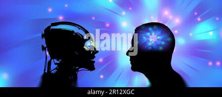 AI reads human's mind. Artificial Intelligence with telepathy technology. Robot mind-reader feature. Chatbot with brain signal reading ability. Decodi Stock Photo