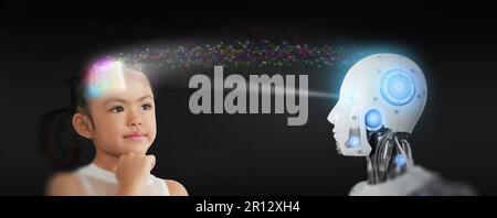 Mind-Reading Artificial Intelligence. A robot scans and reads a girl's thought. Telepathic Technology and Cognitive Insights. AI and Chatbots with Bra Stock Photo