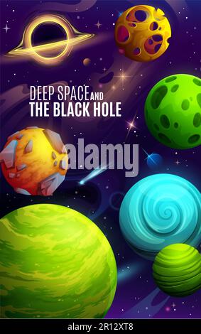 Cartoon galaxy planets and deep space poster. Astronomy exploration, space research or galaxy adventure vector leaflet. Universe discovery vertical ba Stock Vector