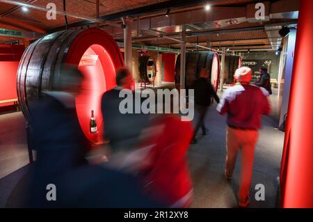 Saxony-Anhalt, Freyburg (Unstrut): 11 May 2023,  Visitors walk between display cases made from old barrels in the 'Rotkäppchen Erlebniswelt'. Sparkling wine producer Rotkäppchen-Mumm has opened a large interactive exhibition at its production site in Freyburg/Unstrut. Starting May 13, visitors can view exhibits from the brand's history and learn about sparkling wine production in the 1400-square-meter space. The exhibition is located on two floors in the cellars of the historic sparkling wine cellar. In addition, a new building has been constructed to house the reception, a bar and a store. Ph Stock Photo