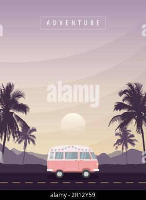 summer paradise road trip with camper van at sunset on tropical palm landscape Stock Vector