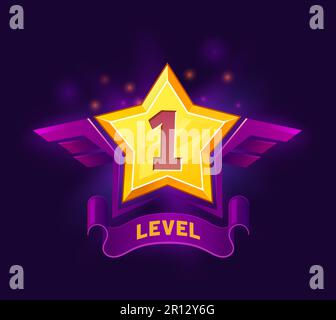 Game level up star badge and win icon. Gambling app UI victory prize symbol, game task complete award vector icon or arcade success winner sign. Casin Stock Vector