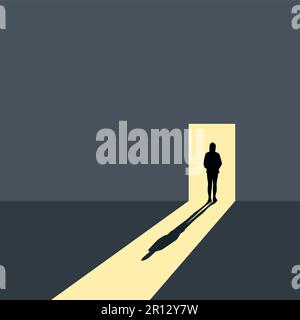 lonely girl stands in front of an open door on a gray wall Stock Vector