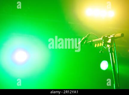 A microphone on stage at the Barrowlands Ballroom concert hall in Glasgow, Scotland Stock Photo