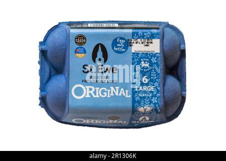 St Ewe delicious free range eggs Original 6 large class A isolated on white background - egg box closed eggbox Stock Photo