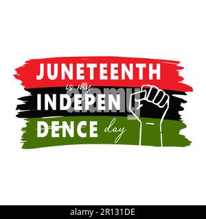 Juneteenth poster template. Outline Raised arm on Background Of Textured Black History Month Flag. National African American Independence Day, Freedom Stock Vector