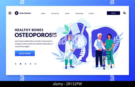 Consultation of osteopathy and osteoporosis symptoms concept. Nurse helps to elderly male patient. Doctor diagnostics spine bones. Vector flat cartoon Stock Vector