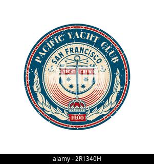 Yacht club retro patch, regatta sport badge. Yachting race crew stamp, nautical regatta vintage vector symbol or marine adventure patch. Sea navigation grunge badge with anchor, crow and laurel wreath Stock Vector