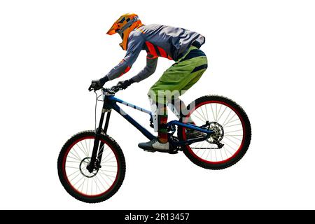 male rider on downhill bike jumping drop, racing DH mountain bike, isolated on white background Stock Photo