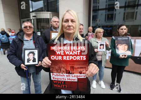 Patricia Burns, whose father Thomas Burns was shot dead by a British soldier in 1972 with other Time for Truth and Justice campaigners during a protest against the Northern Ireland Troubles (Legacy and Reconciliation) Bill outside the Northern Ireland Office (NIO) at Erskine House in Belfast. Picture date: Thursday May 11, 2023. Stock Photo