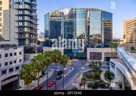 Johannesburg, South Africa - April 20th 2023: Aerial view of main street surrounded by large office buildings with glass facades. Stock Photo