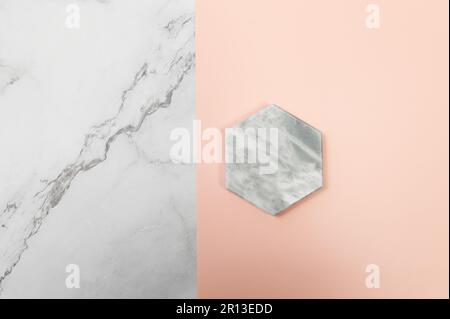 Top view of marble tray on pink and white marble background. Creative product presentation flat lay. Copy space. Stock Photo