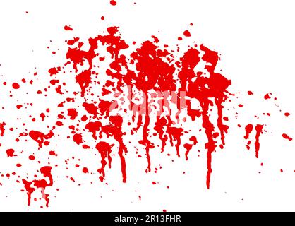 Bunch of red blood blots with leaks on white background. Scarlet wine or sauce splash on wall. Watercolor spatter texture. Abstract vector illustratio Stock Vector