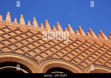 Architectural details of Michelet Center Art and Archeology library of Sorbonne University. Paris, France. Red brick wall, window archs and roof. Stock Photo