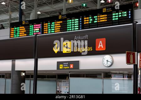 Arrivals board at Fuertevntura Airport Fuerteventura Canary Islands Spain Stock Photo