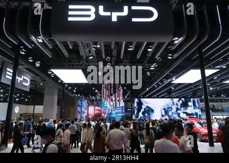 Shanghai,China-April 22nd 2023: BYD Auto booth at Shanghai auto show (Shanghai International Automobile Industry Exhibition) . Chinese EV brand Stock Photo