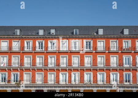 Building Facade with balconies at Plaza Mayor - Madrid, Spain Stock Photo