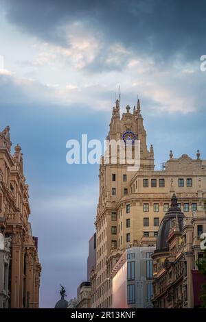 Telefonica Building Tower at Gran Via Street - Madrid, Spain Stock Photo