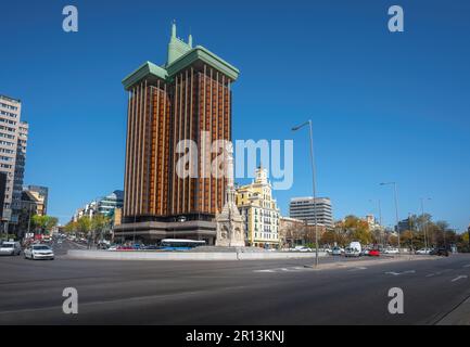 Plaza de Colon Square with Monument to Christopher Columbus and Torres de Colon Towers - Madrid, Spain Stock Photo