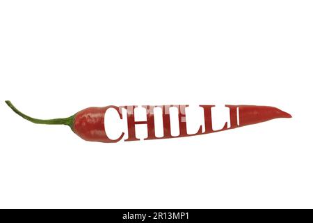 Red hot pepper on a white isolated background. Creative idea, text on pepper. The inscription pepper consists of a red hot pepper on a white backgroun Stock Photo