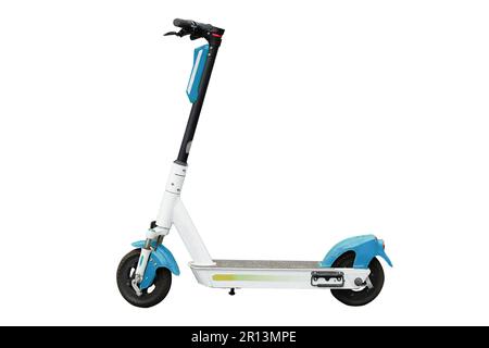 Electric scooter, on a white isolated background. Used electric scooter, blue and yellow Stock Photo
