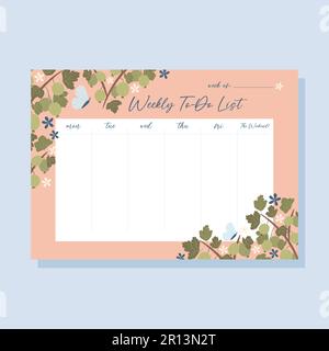 Printable weekly planner concept with green gooseberry plant illustration, vector Stock Vector