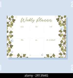 Printable weekly planner concept with green gooseberry plant illustration, vector Stock Vector