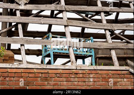 May 8, 2023, Kam'yanka, Kharkiv Oblast, Ukraine: Baby's crib in a destroyed building in Kam'yanka, Ukraine. (Credit Image: © Michael Brochstein/ZUMA Press Wire) EDITORIAL USAGE ONLY! Not for Commercial USAGE! Stock Photo