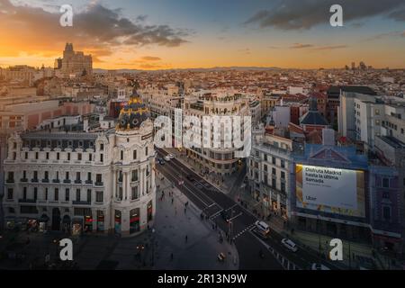 Aerial view of Gran Via Street and Metropolis Building at sunset - Madrid, Spain Stock Photo