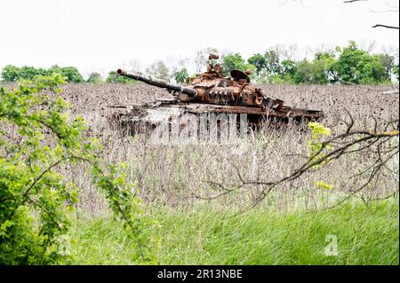 May 8, 2023, Kam'yanka, Kharkiv Oblast, Ukraine: A destroyed Russian tank near Kam'yanka, Ukraine. (Credit Image: © Michael Brochstein/ZUMA Press Wire) EDITORIAL USAGE ONLY! Not for Commercial USAGE! Stock Photo