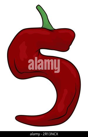Number five made with a red chili pepper. Cartoon style design on white background. Stock Vector