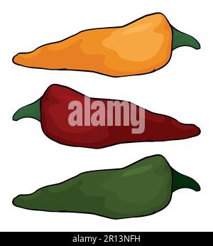 Three chili peppers of different colors: yellow, red and green in cartoon style. Stock Vector
