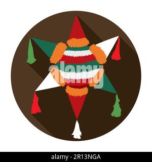 Round brown button with colorful pinata in flat design and long shadow. Stock Vector