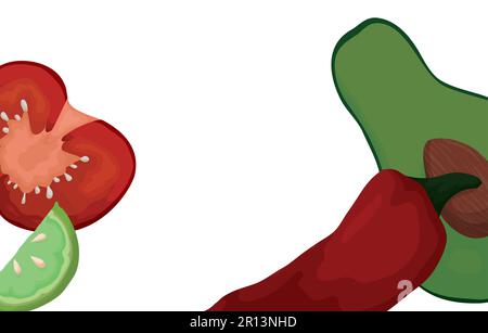 Scene with slices of fruits and vegetables: tomato, lemon, avocado and red chili pepper in cartoon style. Stock Vector